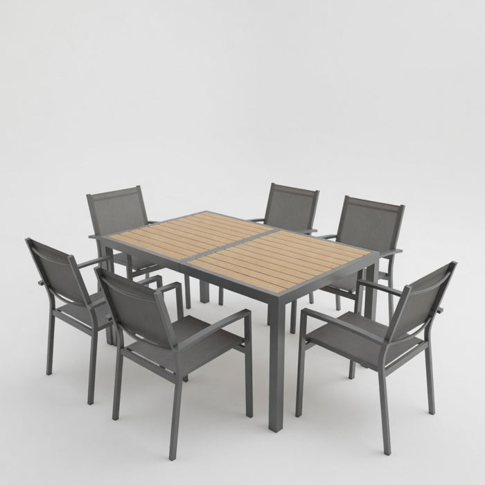 7 Piece Gray Patio Dining Set With Hdps Table And Textilene Chairs For Outdoor Use, Metal Furniture Home Essentials