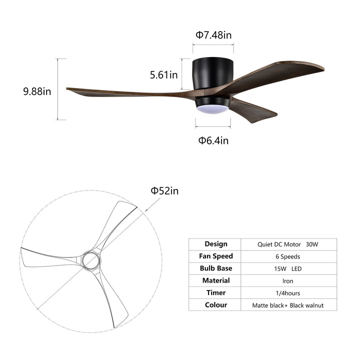 Flush Mount Blades Ceiling Fan With Lights Remote Control, Quiet DC Motor, 6 Speed, Reversible Ceiling Fan For Living Room - Matte Black Daily Nest