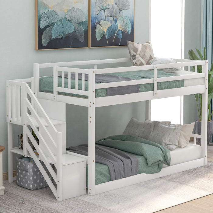 Twin Over Twin Floor Bunk Bed, Ladder With Storage