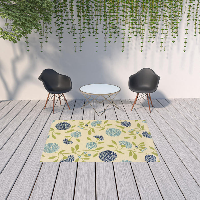 5' X 8' Floral Stain Resistant Outdoor / Indoor Area Rug - Green / Ivory