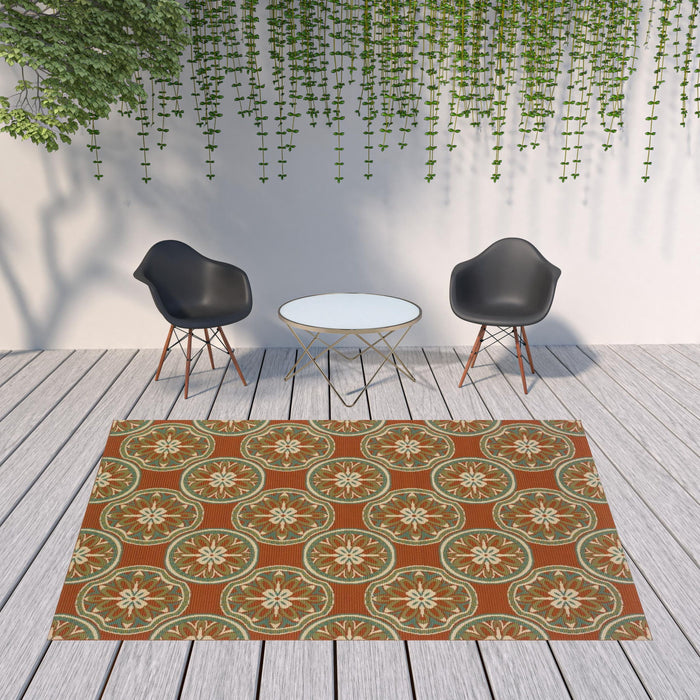 8' X 11' Floral Stain Resistant Indoor Outdoor Area Rug - Brown / Ivory