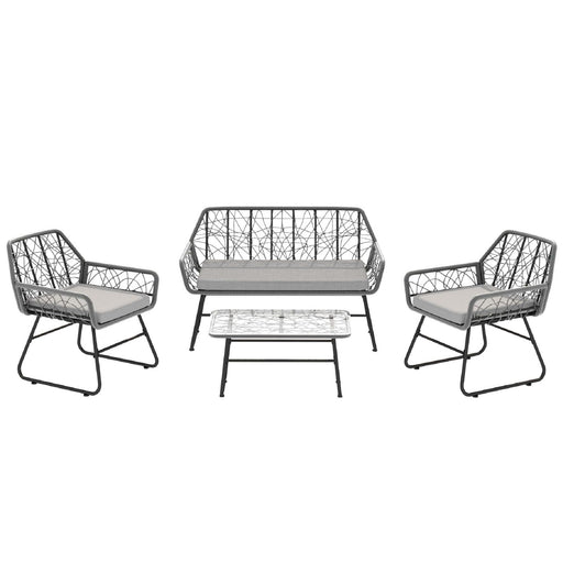 4 Piece Wicker Patio Furniture Set With Tempered Glass Table And Detachable Cushions Home Essentials