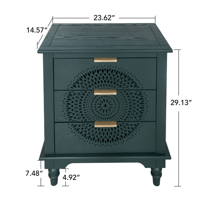 Hollow Carved 3 Drawer Dresser With Metal Handles, Storage Chest For Living Room Or Bedroom - Blackish Green