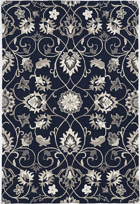 3' X 5' Hand Hooked UV Treated Traditional Floral Design Indoor / Outdoor Rug - Navy Blue