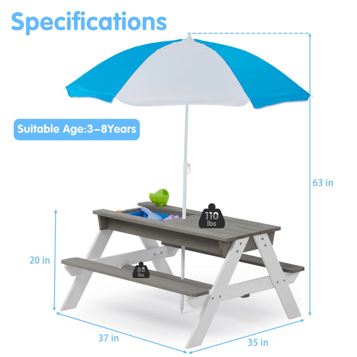 3-In-1 Kids Outdoor Wooden Picnic Table With Umbrella, Convertible Sand & Water, ASTM & CPSIA Certification