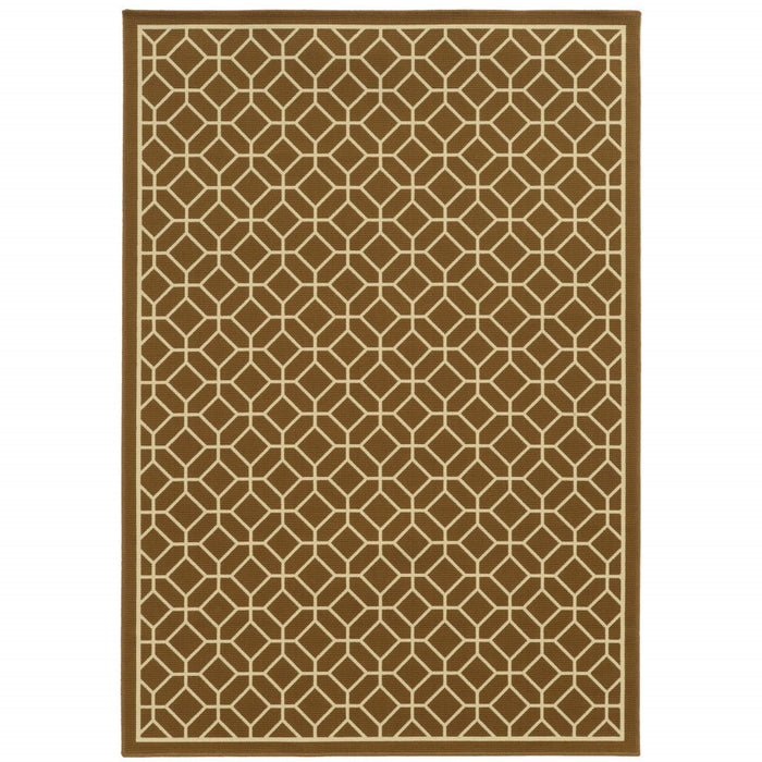 9' X 13' Geometric Stain Resistant Outdoor / Indoor Area Rug - Brown / Ivory