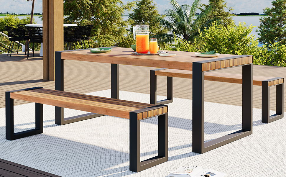 Go 3 Pieces Outdoor Dining Table With 2 Benches, Patio Dining Set With Unique Top Texture, Acacia Wood Top & Steel Frame, All Weather Use, For Outdoor & Indoor, Natural