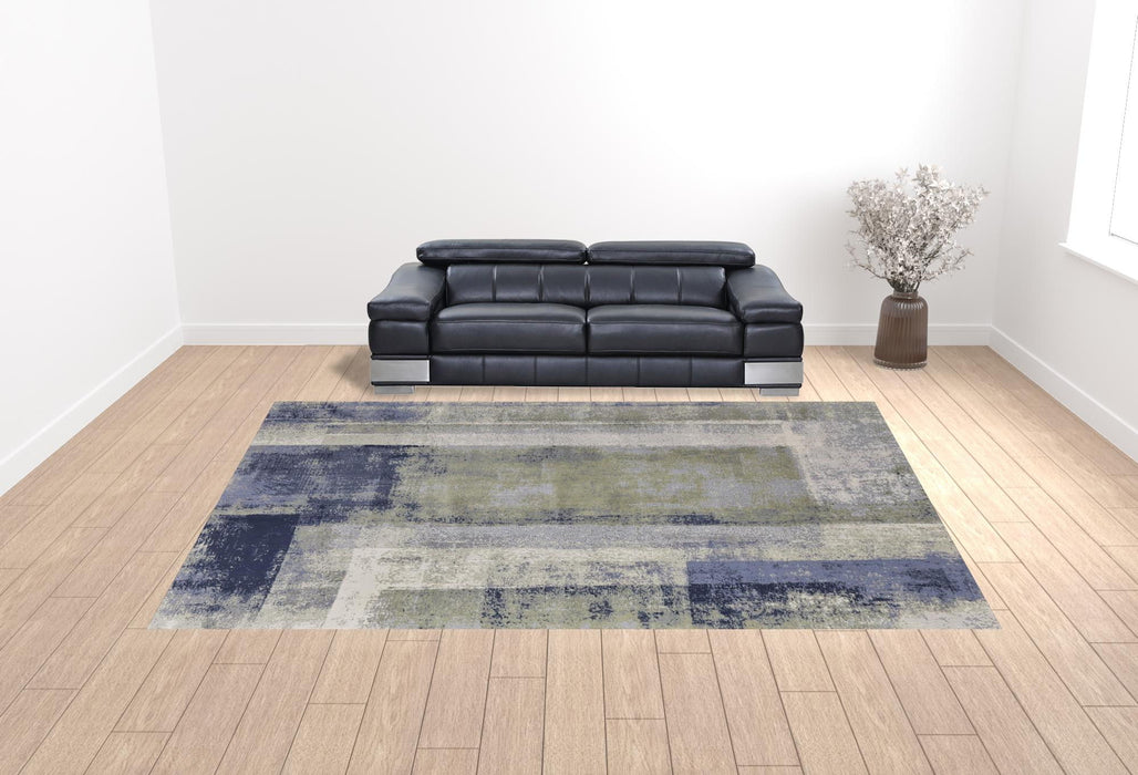 Abstract Power Loom Distressed Area Rug - Blue Green And Ivory - 12' X 15'