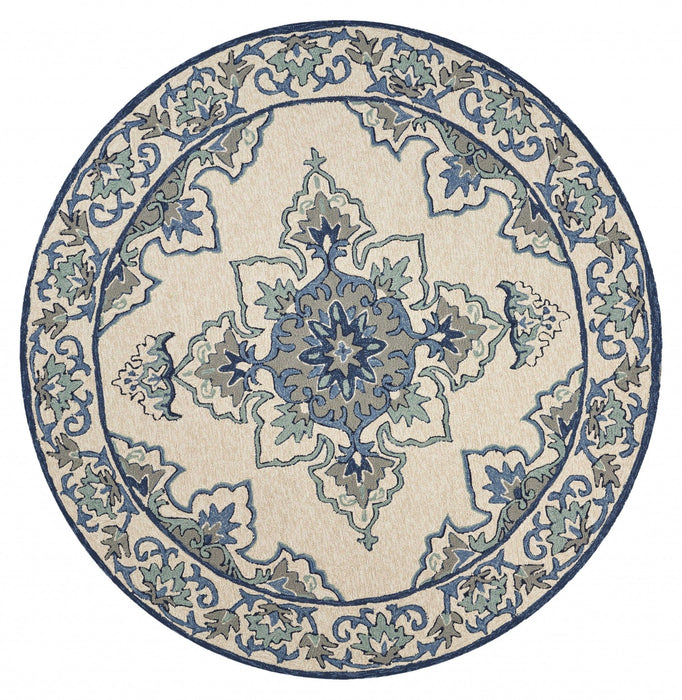 8' Hand Hooked UV Treated Floral Medallion Round Indoor / Outdoor Area Rug - Ivory Blue