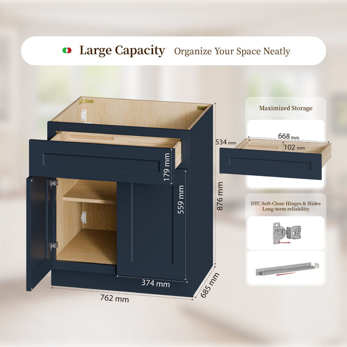 Shaker Base Cabinet With Soft Close Doors And Drawer, Storage Unit With Adjustable Shelf For Bath - Blue Home Essentials