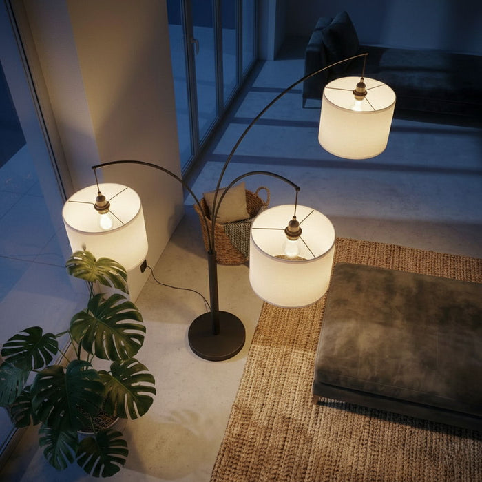 Royal - 3 Arm Arc Floor Lamp, Oil Rubbed Bonze With Linen Shade, 4 Way Rotary Switch - Oil-Rubbed Bronze Ashcroft Furniture