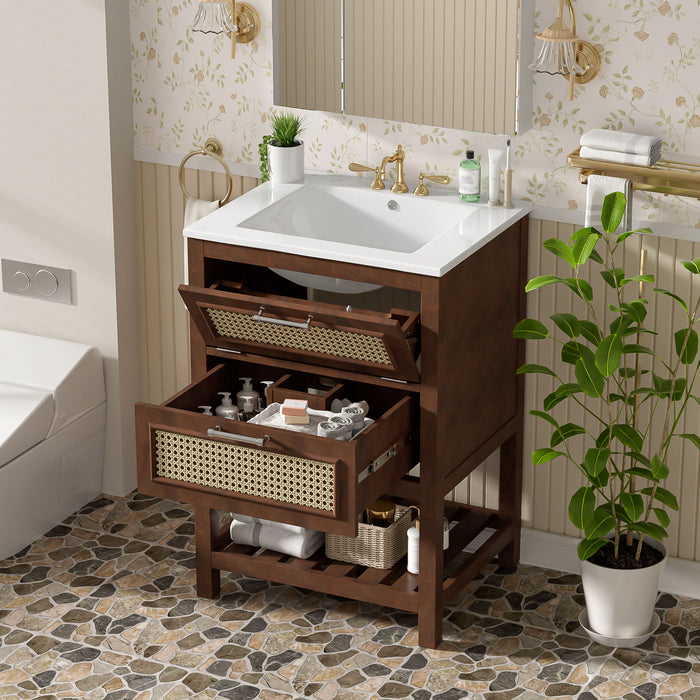 Modern Bathroom Vanity With Integrated Sink, Cabinet With 1 Deep Drawer And 1 Tip-Out Drawer