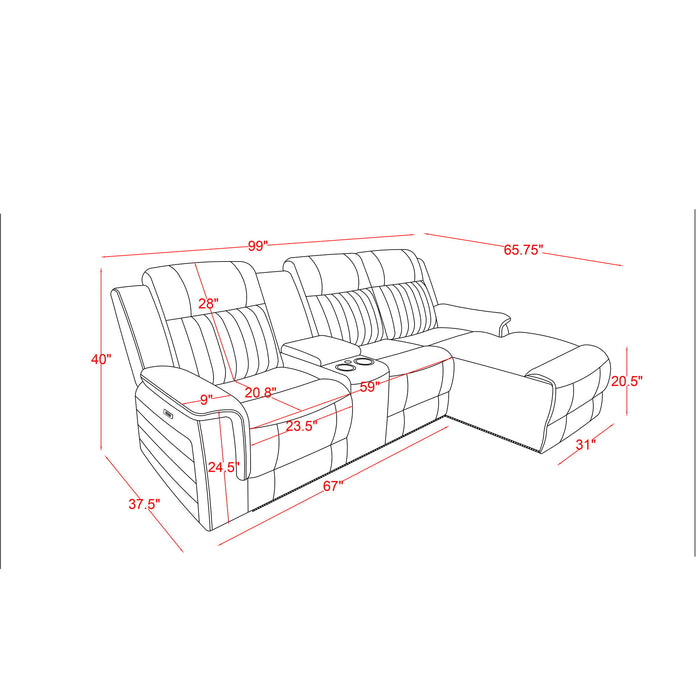 Ian - Power Reclining Chaise With LED Lighting, Pushback Design - Gray Global Furniture USA