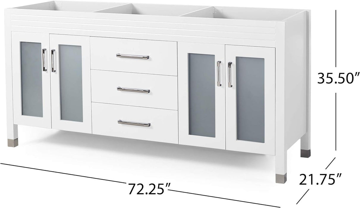 73'' Bathroom Vanity With Marble Top & Double Ceramic Sinks, 4 Doors With Glass, 3 Drawers, White