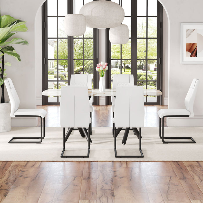 1 Table, 6 Chairs Set, A Rectangular Dining Table With A 0.39" Imitation Marble Tabletop And Black Metal Legs, Paired With 6 Chairs With PU Leather Seat Cushion And Black Metal Legs
