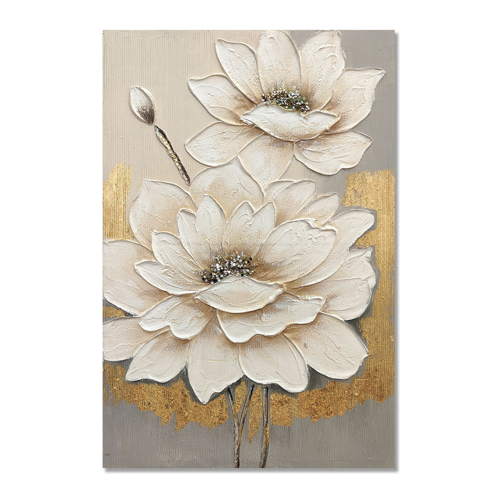 Lotus Flower Canvas Wall Art, Hand Painted Thick Textured Floral Painting With Accents, Neutral Decor For Living Room - Antique White / Gray Daily Nest