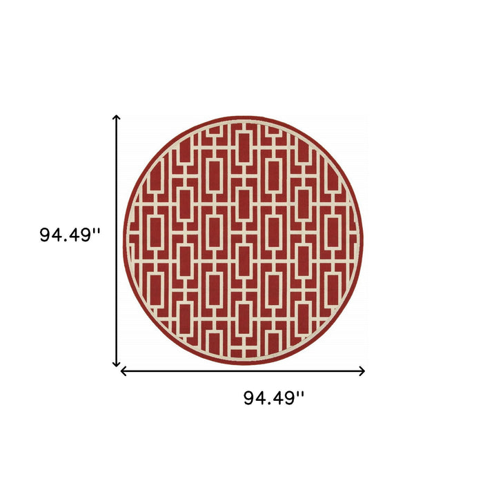 8' X 8' Round Geometric Stain Resistant Indoor & Outdoor Area Rug - Red / Ivory