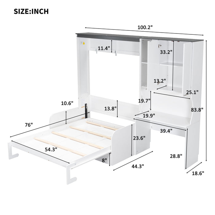 Multi Functional Murphy Bed With Sofa, Desk, And Storage Cabinet In, Full Size - White