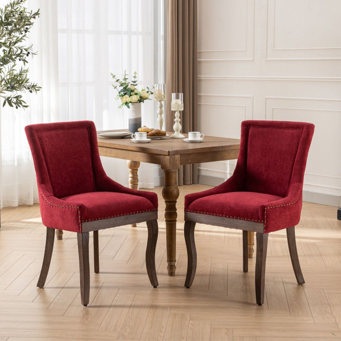 A&A Furniture, Ultra Side Dining Chair, Thickened Fabric Chairs With Neutrally Toned Solid Wood Legs, Bronze Nail Head, (Set of 2) Wine Red, Burgundy
