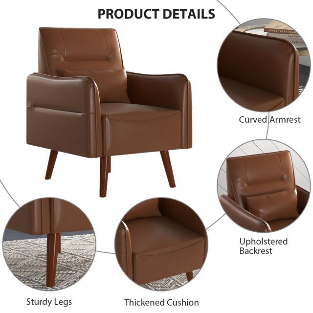 Accent Chair Modern PU Leather, Cozy Reading Armchair, Wood Legs - Wood Grain, For Adult - Brown
