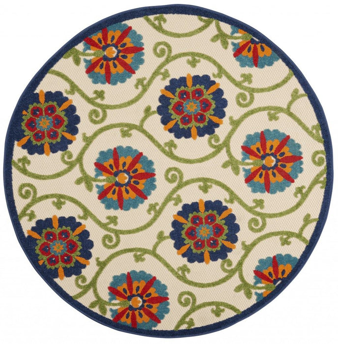 4' Round Round Floral Outdoor / Indoor Area Rug - Ivory / Blue