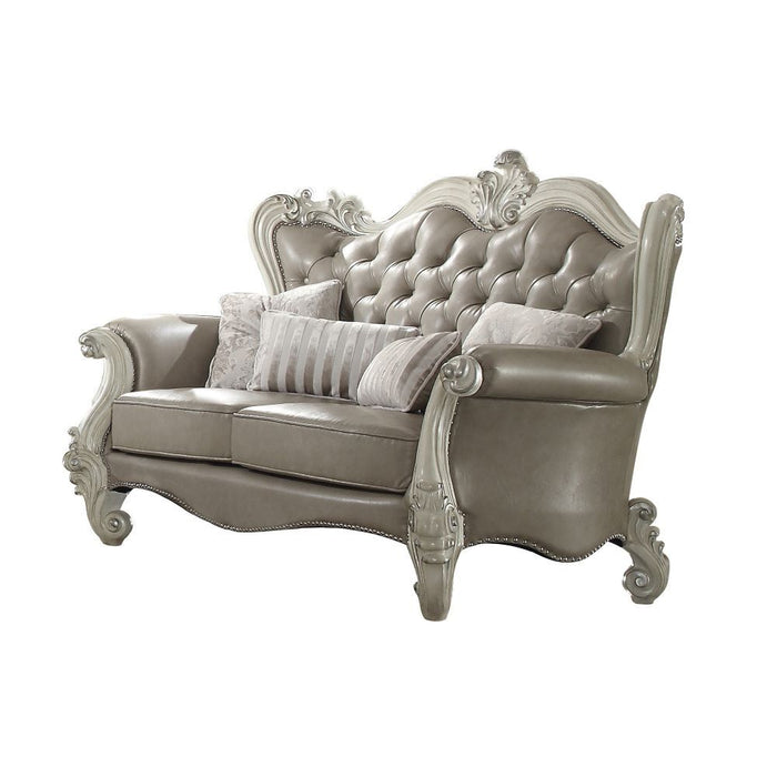 Versailles - Loveseat With 4 Pillows - Vintage Gray Synthetic Leather & Bone White ACME