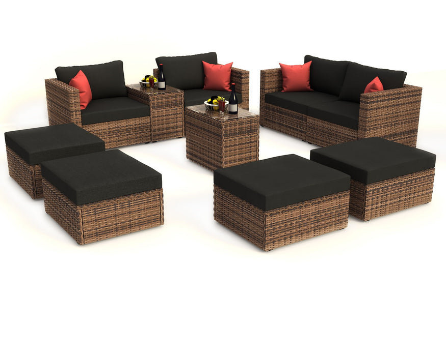 10 Pieces Outdoor Patio Garden Brown Wicker Sectional Conversation Sofa Set With Black Cushions And Red Pillows With Furniture Protection Cover