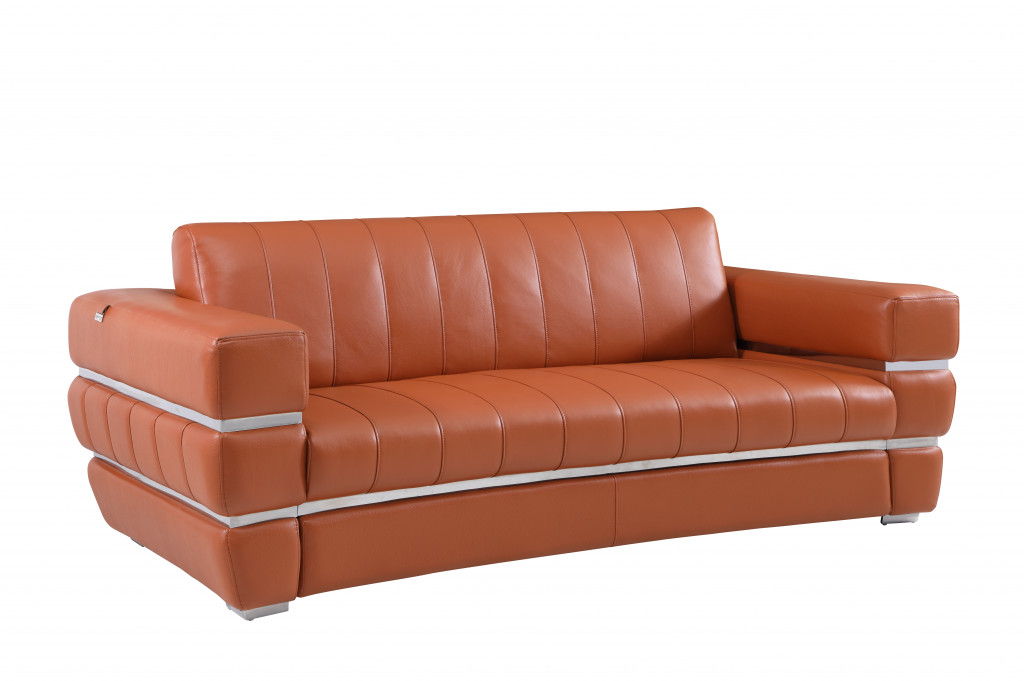 Italian Leather Sofa With Silver Legs - Brown