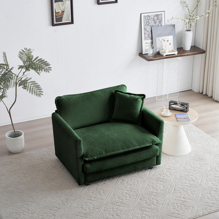 Comfy Deep Single Seat Sofa Upholstered Reading Armchair Living Room Chair Green Chenille Fabric And 1 Toss Pillow