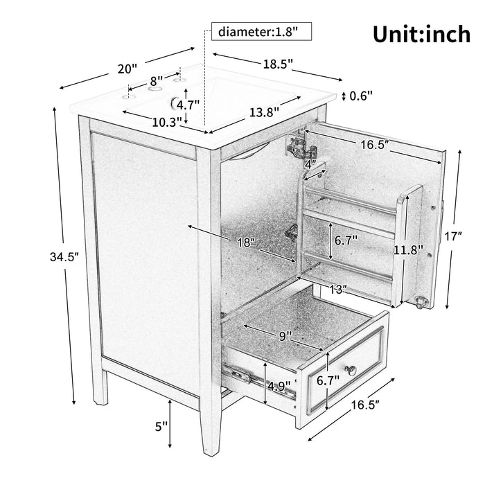 Bathroom Vanity With Sink, Adjustable Feet, 1 Drawer And Door Shelf Storage - White Hearth and Haven