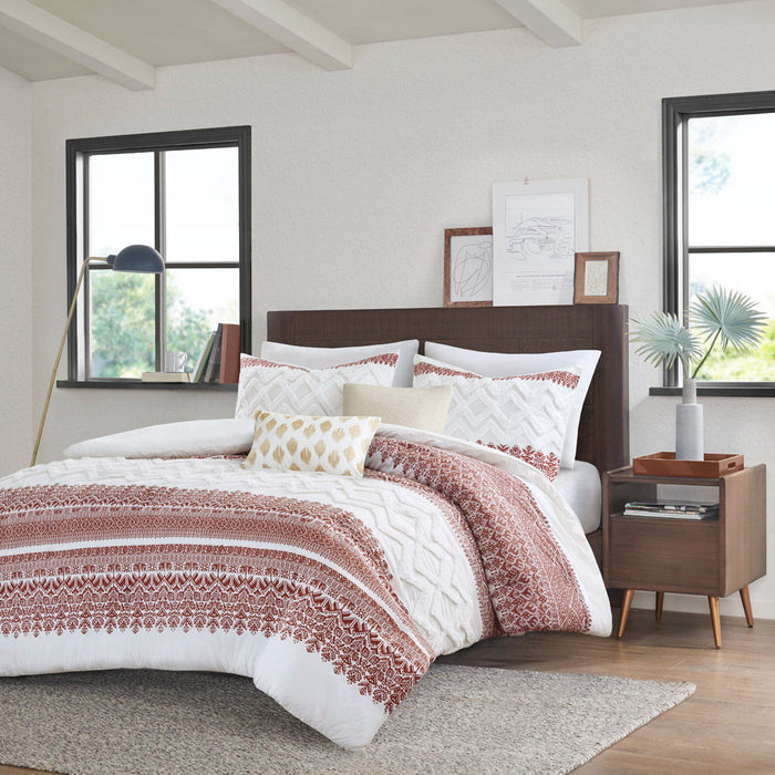 3 Piece Cotton Duvet Cover Set With Chenille Tufting - Auburn / Dark Red / Cotton