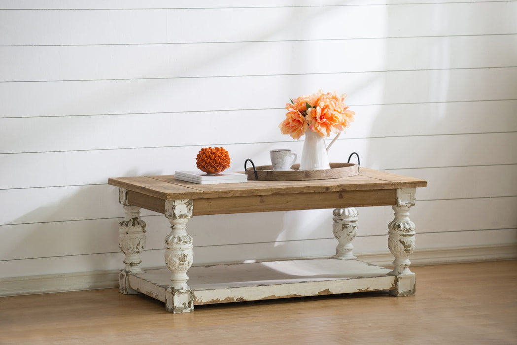 Rectangle Coffee Wooden Coffee Table, French Country Coffee Table - Brown / Antique White Home Essentials