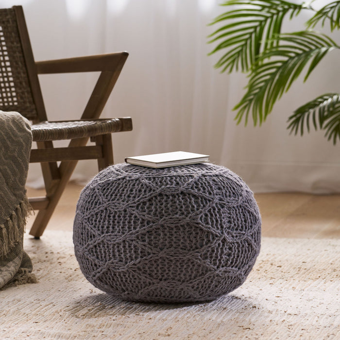 Malibu - Modern Knitted Wool Round Pouf With Handcrafted Design - Charcoal
