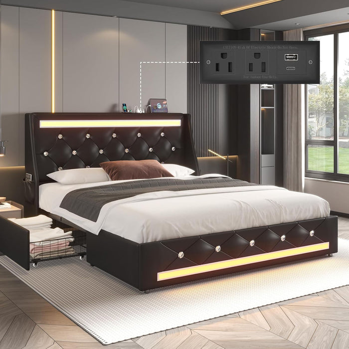 Wingback Upholstered Bed Frame With LED Lights, Charging Station Home Essentials