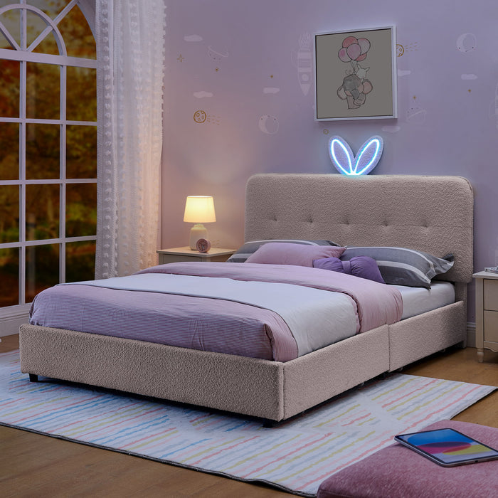 Upholstered Bed With Oversized Rabbit Ear Headboard, LED Lights & 4 Storage Drawers Home Essentials