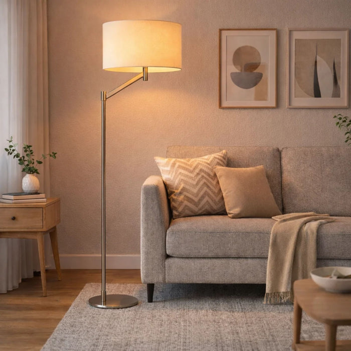 Serene - Floor Lamp With Rotary Switch Base Linen Shade - Brushed Nickel / White Ashcroft Furniture