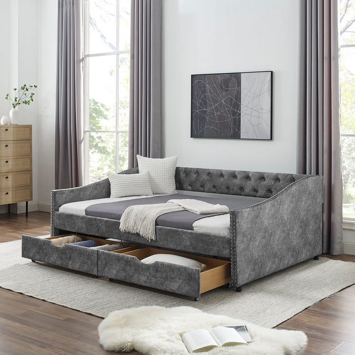 Upholstered Tufted Daybed With Drawers, Waved Arms Home Essentials