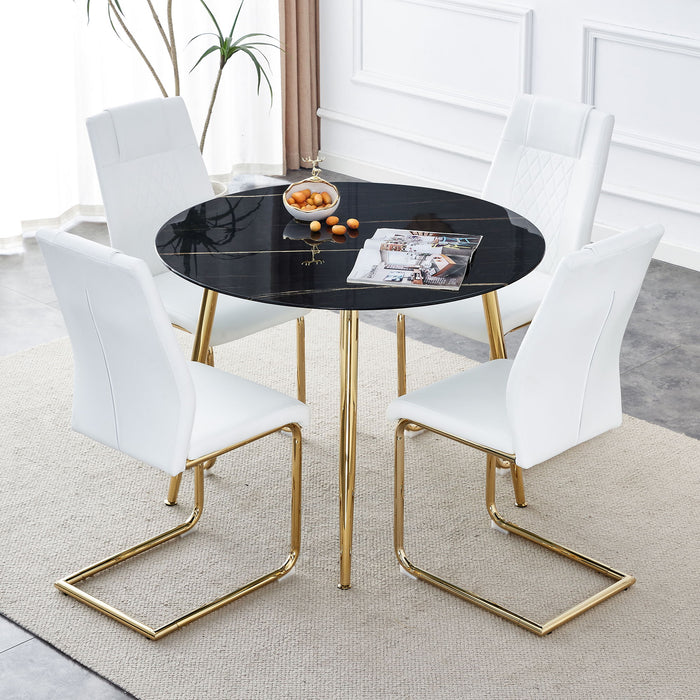 1 Table And 4 Chairs, A Modern Minimalist Circular Dining Table With A 40" Black Imitation Marble Tabletop And Gold - Plated Metal Legs, And 4 Modern Gold - Plated Metal Leg Chairs - Black / Gold / White