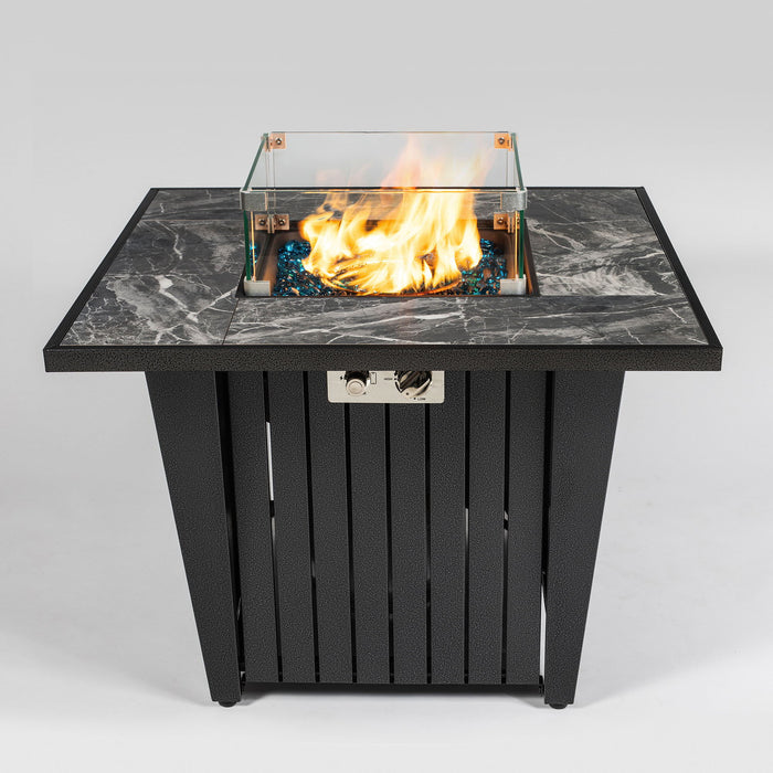 Morden Steel Fire Pit Table With Marble Tile Tabletop, Glass Wind Guard And Lid Patioseek