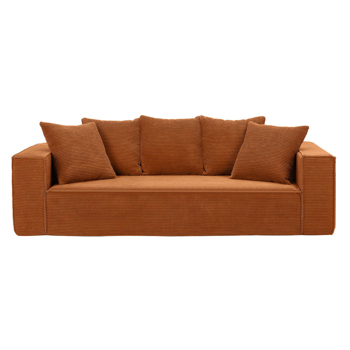 88.97" Corduroy Sofa With 5 Matching Toss Pillows Sleek Design Spacious And Comfortable 3 Seater Couch For Modern Living Room, Orange