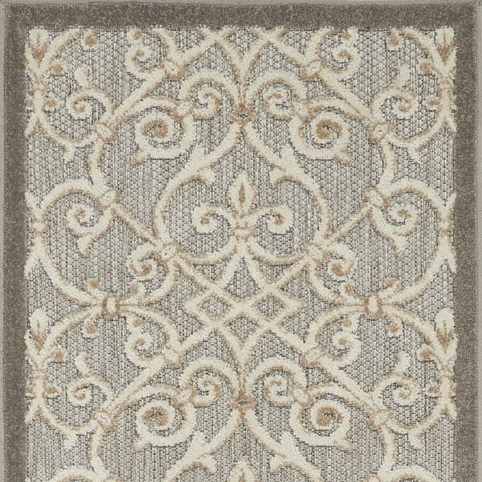 2' X 10' Floral Indoor / Outdoor Area Rug - Gray / Ivory