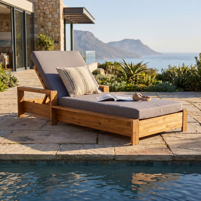 Chaise Lounge With Armrests, 2 Fold Cushion Set, 3 Position Adjustable Backrest, For Patio Pool - Dark Gray / Teak Noble House