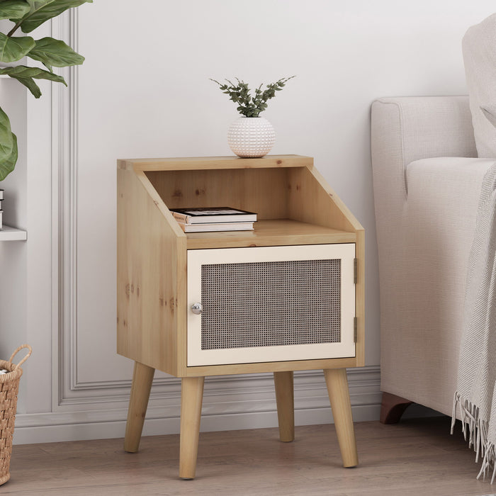 Contemporary End Table With Rattan Accents And Tempered Glass - Natural / White