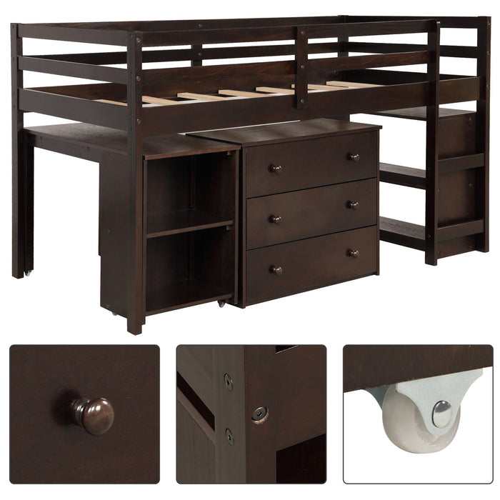 Low Twin Loft Bed With Cabinet and Desk - Brown