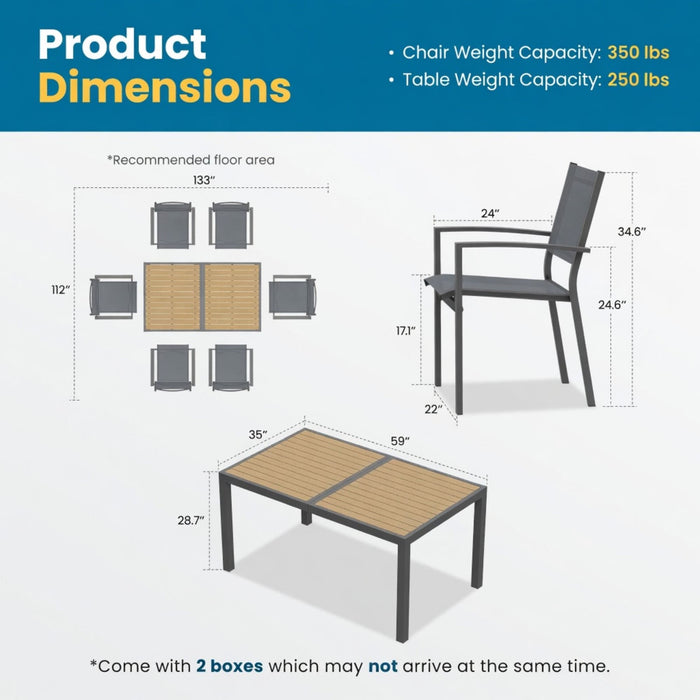 7 Piece Gray Patio Dining Set With Hdps Table And Textilene Chairs For Outdoor Use, Metal Furniture Home Essentials