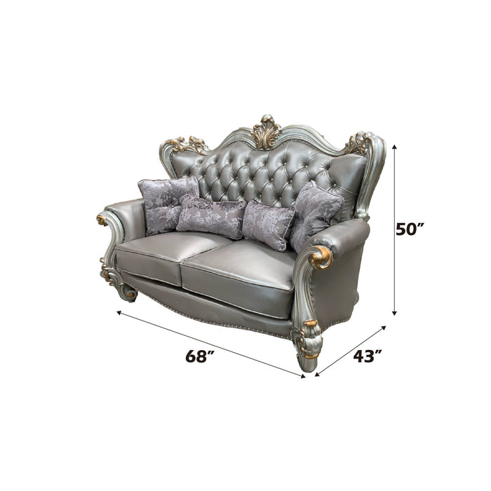 Versailles - Loveseat With 4 Pillows - Silver Synthetic Leather & Antique Platinum ACME