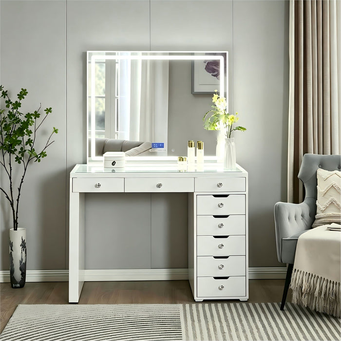 Makeup Vanity Desk With LED Lighted Mirror, 9 Drawers For Bedroom - Gloss White Home Essentials