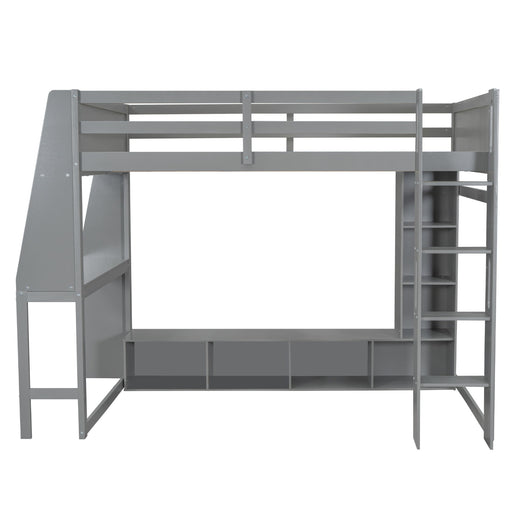 Full Size Gaming Loft Bed With Desk, Multi Storage Shelves, LED Lighting, And Hanging Clothes Rack - Gray Hearth and Haven