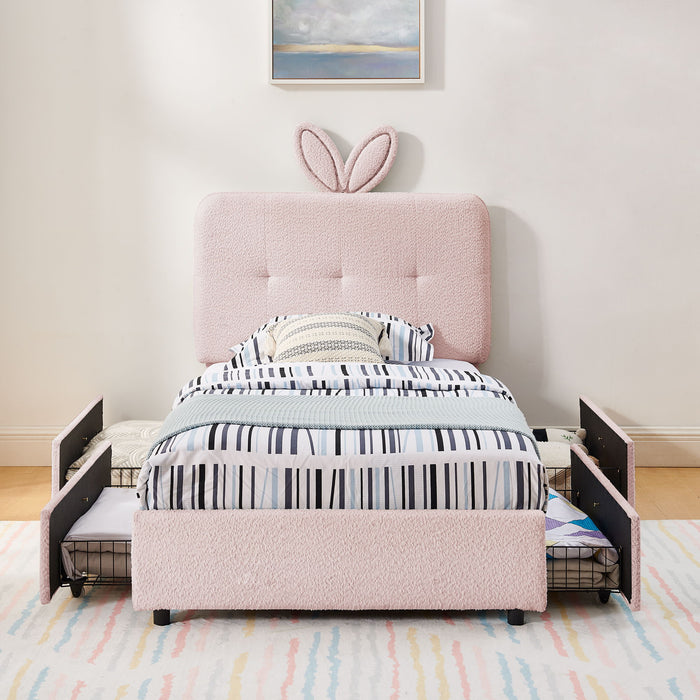 Upholstered Bed With Oversized Rabbit Ear Headboard, LED Lights & 4 Storage Drawers Home Essentials