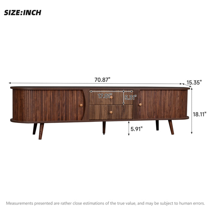 70" TV Stand With Tambour Doors And Fluted Drawers - Dark Brown
